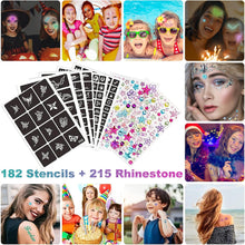 Glitter Tattoos for Kids, Temporary Tattoo Kit - 36 Colours Glitter, 182 Stencils, 6 Fluorescent, 215 Rhinestones, Skin Friendly Flash Make Up for Girls & Adults, Gift for Carnival, Birthday, Party