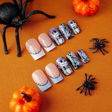 EONFAVE Press on Nails Medium Length - Spiderweb Skull Square Fake Nails French Tip Glossy - Acrylic French Stick on Nails with Glue - Fake Nails for Women Girls Suitable for Halloween Party