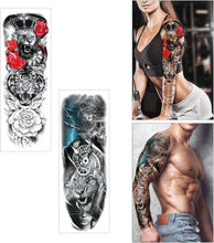 Konsait 16 Sheets Large Full Arm Temporary Tattoo Sleeve Tattoos Fake Body Art Lion Tiger Wolf Rose Pumpkin Skull Arm Chest Shoulder Tattoo Black tattoo Stickers for Man Women Adults