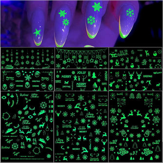 Kalolary 9 Sheets Luminous Nail Art Sticker Decals, Christmas Self-Adhesive Glow in Dark Nail Decals Christmas Tree Reindeer Snowflakes Design for Nail Art Decoration Christmas Parties