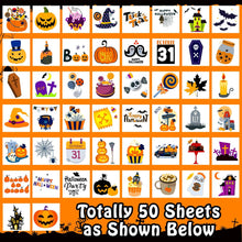 Leesgel 50 x Temporary Tattoos for Kids Halloween Decorations, Halloween Pumpkin/Candy/Bat/Spider Tattoo Stickers for Boys Girls Party Bag Fillers, Halloween Accessories Treats Gifts Pinata Toys Games