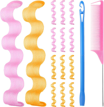 14Pcs Waves Hair Curlers Rollers Set, No Heat Hair Curlers with Styling Hooks and Comb No Hair Damaging for Long Hair,Medium Hair and Short Hair, Spiral Curlers for Women Girls Hair Styling 12Inch