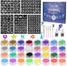 AOMIG Glitter Tattoo Kit, Kids Temporary Tattoo Set - 24 Colours Glitter, 8 Fluorescent Powder, 172 Stencils, Unique Body Nail Glitter Safe Body Make-up for Kids and Adults Halloween Christmas Party