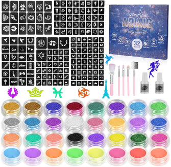 AOMIG Glitter Tattoo Kit, Kids Temporary Tattoo Set - 24 Colours Glitter, 8 Fluorescent Powder, 172 Stencils, Unique Body Nail Glitter Safe Body Make-up for Kids and Adults Halloween Christmas Party