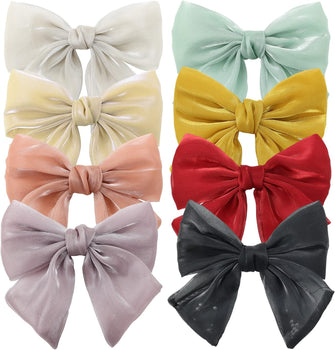 8 Pack Pleated Shiny Fabric Knotted Large Bowknot Big Hair Bow Hair Clips Metal Alligator Barrettes Hairpins Handmade Hair Accessories for Women