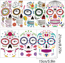 Halloween Face Tattoos, XINDY 8pcs Day of the Dead Face Stickers, Sugar Skull Skeleton Web Red Roses Halloween Face Temporary Tattoo for Women Men Kids Adults Halloween Party Favor Supplies