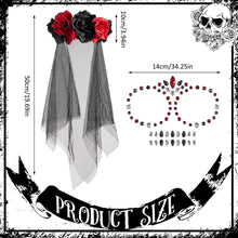 Cindeer 3 Pcs Day of the Dead Headpiece Skeleton Tights Temporary Tattoo Set Day of the Dead Costumes for Women Headband with Veil Rose Floral Gothic Crown Skull Face Body Gems for Ladies Makeup