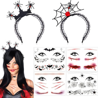 2P_Headband_4P_Face_Tattoo 4Pcs Halloween Temporary Tattoos and 2Pcs Spider Web Headband Set, Halloween Fake Scars Cosplay Face Tattoos Stickers for Adults Kids Halloween Costume Party Make-Up Props