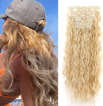 Gairyan Clip in Hair Extensions Curly Wavy Long Hair Pieces 6PCS Full Head Synthetic Hair Extension Thick Natural Look for Women, 20 Inches 140g, Natural Blonde & Bleach Blonde