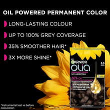 Garnier Olia Permanent Hair Dye, Up to 100% Grey Hair Coverage, No Ammonia, 60% Oils, 4.0 Dark Brown