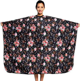 KAHOT Hairdressing Gown Barbers Cape Black Rose Flowers Cape with Snap Closure Waterproof Women Professional Barbers Hairdressers Gown for Hair Styling Colours Haircuts (Rose Cape)