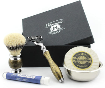 Haryali London Shaving Kit - 5pc Shaving Brush Set - Gold antique Shaving Set - Silvertip Badger Shaving Brush - 3 edge Shaving Blade Shaving Razor - Shaving Soap - Shaving Bowl - Alum Stick