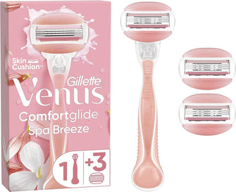 Gillette Venus ComfortGlide Spa Breeze Women's Razor +, 3 2-In-1 Razor Blade Refills, with Shaving Gel Bars (Packaging May Vary)