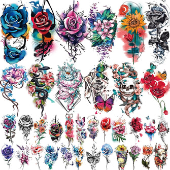 77 Sheets Flowers Temporary Tattoo, 17 Sheets Half Arm Rose Butterfly Snake Skull Fake Tattoos for Adults Arm Neck, 60 Sheets Tiny Realistic Temporary Tattoos Waterproof for Women Girls and Kids