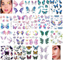 18 Sheet Temporary Tattoos for Kids, 180+ Styles Glitter Temporary Tattoo Stickers with Wings Butterfly Flowers Mermaid, Cute Face Body Shiny Tattoos Toys Gifts for Kids Birthday, Party Bag Fillers