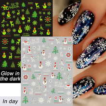 Kalolary 9 Sheets Luminous Nail Art Sticker Decals, Christmas Self-Adhesive Glow in Dark Nail Decals Christmas Tree Reindeer Snowflakes Design for Nail Art Decoration Christmas Parties