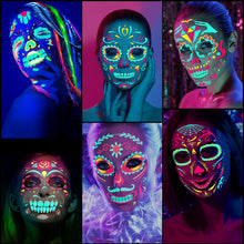 DPKOW Glow In The Dark Halloween Temporary Tattoos Sugar Skull Face Tattoo Halloween, 6 Sheets Luminous Halloween Tattoo Stickers Skeleton Spider Web Rose for Adults Kids Halloween Makeup Accessories