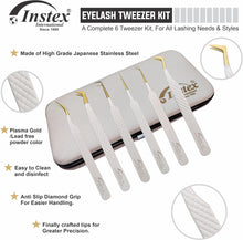 INSTEX Eyelash Tweezers Set of 6 PCS, Anti-Static Stainless Steel with Color Coated Firm Grip  Sharp Edge Classic Lash Tweezers for Volume & Fan Making Including Magnetic Safety Box (White)