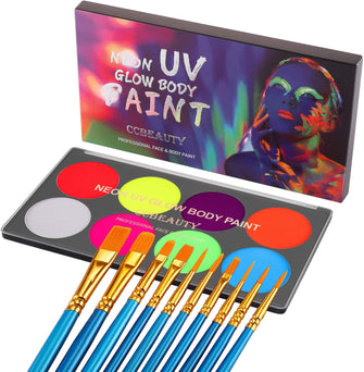 CCbeauty Neon UV Body Paint,Black Light Body Paint,Glow In The Dark Face Paint,8 Colors Water Activated Professional Face Painting Makeup Kit Non-Toxic With 10 Brushes For Adults Halloween Costumes