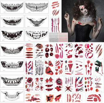 Halloween Temporary Tattoos Face Stickers, 40 Sheets Big Mouth Tattoo Face Temporary Tattoo Skull Vampire Bite Wounds Cut Scary Scars Fake Blood Face Gems for Aldults Kids Prank Makeup Fright Night