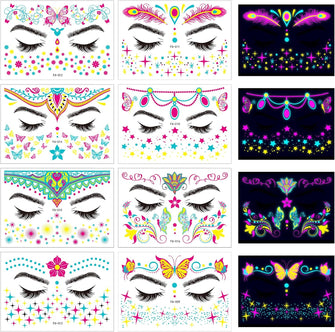 Neon Face Temporary Tattoo Glow in Dark, 8 Sheet Waterproof UV Blacklight Neon Face Tattoos Flash Fake Stickers for Makeup Party Festival Rave Accessories (Absorb enough Light to Glow in the Dark)