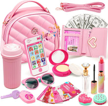 Kids Pretend Play Little Girl Purse Accessories, Princess Toy Cell Phone w/ Light and Sound, Fake Makeup Handbag Wallet Keys Credit Card Water Bottle Birthday Gifts Toys for 3 4 5 6 7 8+ Year Old Girl