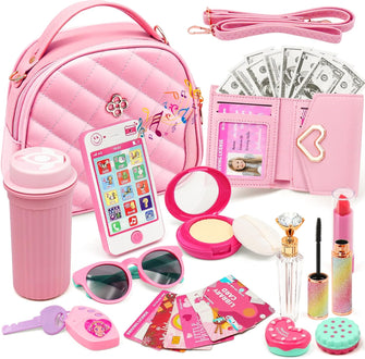 Kids Pretend Play Little Girl Purse Accessories, Princess Toy Cell Phone w/ Light and Sound, Fake Makeup Handbag Wallet Keys Credit Card Water Bottle Birthday Gifts Toys for 3 4 5 6 7 8+ Year Old Girl