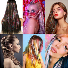 Huiguli Hair Extension Tinsel with tools 1100 Strands Holographic Glitter Hair Extensions Sparkling Shiny Hair Tensile Long Dazzle Synthetic Hair for Women Girls festival Party Decoration (Silver)