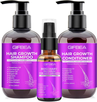 GIFBEA Hair Growth Shampoo and Conditioner Set W/Rosemary Oil Serum for Hair Growth,Biotin Argan Oil Castor Oil Coconut Keratin Rice Water Hair Loss Shampoo,Hair Thickening Treatment for Women Men