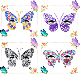 4 Sheets Face Jewels, Face Gems for Festivals, Self-Adhesive Face Rhinestone Stick on Eyes Body, Crystal Butterfly Face Gems for Women and Girls, Face Stickers Festival for Rave Festival Party