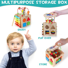 HELLOWOOD Wooden Activity Cube Baby Toys, 8-in-1 Montessori Educational Toy Set, Bead Maze Shape Sorter Abacus Xylophone Words & Clock Learning, STEM Toys for Boys Girls Toddlers Age 1 2 3