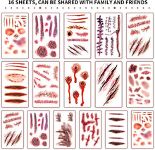 16 Sheets Scar Tattoo StickerHalloween scar tattoos Stickers with Fake Scab Blood,zombie tattoo,halloween scar makeup,halloween face sticker, halloween tattoo sticker