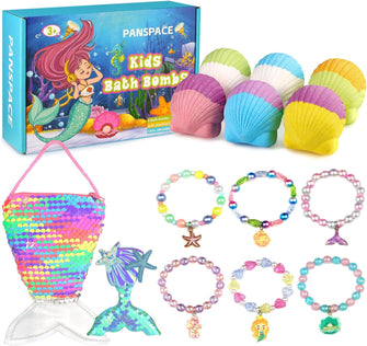 Bath Bombs for Kids with Surprise Inside, 6 PCS Natural Organic Bath Bombs for Girls & Toddlers Aged 3-12, Bath Fizzers Gift Set with Mermaid Bracelets Hair Clip Jewelry Bag for Birthday Christmas