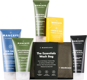 ManCave Complete Routine Men's Toiletries Wash Bag Essentials Gift Set for him with Shower Gel, Shampoo and Body Bar, Moisturiser, Face Scrub and Wash, Eco-friendly, Vegan, Made in England