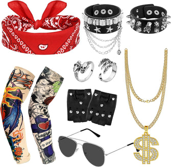 Hysagtek 11Pcs Rockstar Fancy Dress Kids Rockstar Costume Rock Star Heavy Metal Set Men Punk Accessories Gothic Rocker Costume Set 80s Disco Party Carnival Supplies