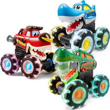 JOYIN 3 Pack Monster Truck Toys for Boy Girl Age 1 2 3 4 5 6, Motion Activated Light-Up Cars, Monster Treads Lightning Wheels, Baby Gift- Pull Back Friction Toy Cars for Kids 1 2+ Year Old Boys