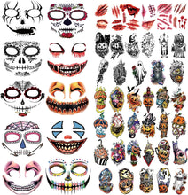 50 Sheets Halloween Temporary Tattoo Family Set Day of Dead Pumpkin Ghost for Women Black Fake Death Skull Floral Skeleton Tatoos for Men Boy Girl, Halloween Zombie Makeup Tattoo Party Favor Supplies