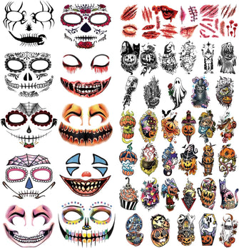 50 Sheets Halloween Temporary Tattoo Family Set Day of Dead Pumpkin Ghost for Women Black Fake Death Skull Floral Skeleton Tatoos for Men Boy Girl, Halloween Zombie Makeup Tattoo Party Favor Supplies