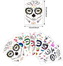 Halloween Face Temporary Tattoos (8Pack), Howaf Day of the Dead Sugar Skull Floral Black Skeleton Web Red Roses Transfers Face Tattoo for Women Men Adult Kids Halloween Party Favor Supplies