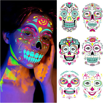 DPKOW Glow In The Dark Halloween Temporary Tattoos Sugar Skull Face Tattoo Halloween, 6 Sheets Luminous Halloween Tattoo Stickers Skeleton Spider Web Rose for Adults Kids Halloween Makeup Accessories