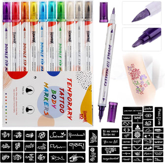 HAWINK Temporary Tattoo Markers for Skin, 10 Body Markers + 20 Large Tattoo Stencils for Kids and Adults, Dual-End Tattoo Pens Make Bold and Fine Lines ZYH2208001KIT