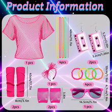 Chennyfun 17PCS Ladies 80S Pink Accessories, Pink 80s Fancy Dress for Women Girls, Fancy Party Costume Accessories Set with T-shirt Fishnet Gloves Lace Bow Headband Tape Earrings Sunglasses