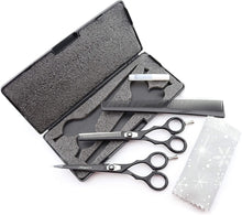 Haryali London Black Hairdressers Professional 6 Inch Hairdressing Barber Scissors Set Texturing Thinning Hair Cutting Shears, Comb, Oil Bottle, Cloth and Hair Clipper Comes in Black Case