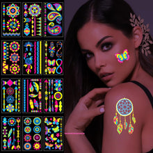 10 Sheets Neon Face Paints Glow in Dark Temporary Tattoos for Kids Women Face Flitter Festival Accessories Neon Party Supplies Rave Accessories Henna Tattoo Stickers Festival Tattoos 120 Pcs