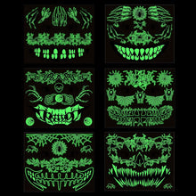 Day of the Dead Face Tattoo,Glow in the Dark Halloween Tattoos,3D Witch Skull Big Mouth and Spider Web Bat Temporary Tattoos as Halloween Costumes for Women Men Adult Halloween Make Up Accessories