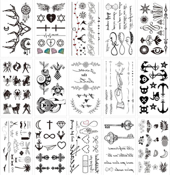 Glaryyears Fake Tiny Temporary Tattoo, 20 Pack Black Sketch Ink Line Small Tattoos Stickers, Various Styles for Fun Party Supplies Vacation on Body Face Hand Wrist