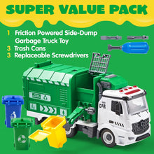 JOYIN Jumbo Take Apart Friction Powered Side-Dump Recycling Garbage Truck Toy with Light and Sounds, 3 Trash Cans, Screwdriver Toys, for DIY Assembly