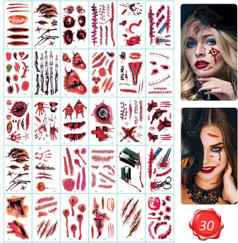 Halloween Scar Tattoos 30 Sheets Halloween scar tattoos Stickers with Fake Scab Blood,zombie tattoo,halloween scar makeup,halloween face stickers Zombie Fake Injury Wound for Halloween Costume