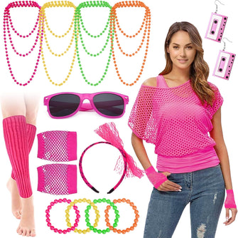 Chennyfun 17PCS Ladies 80S Pink Accessories, Pink 80s Fancy Dress for Women Girls, Fancy Party Costume Accessories Set with T-shirt Fishnet Gloves Lace Bow Headband Tape Earrings Sunglasses