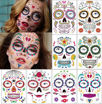 Halloween Face Tattoos, XINDY 8pcs Day of the Dead Face Stickers, Sugar Skull Skeleton Web Red Roses Halloween Face Temporary Tattoo for Women Men Kids Adults Halloween Party Favor Supplies